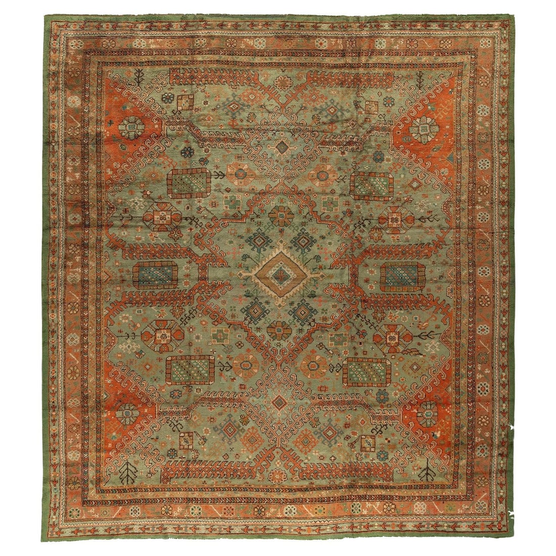 Large Irish Donegal Oushak Wool Rug 13'2" x 14'9" Early 20th Century: Large Irish Donegal Oushak Wool Rug 13'2" x 14'9" Early 20th Century Experience the elegance of this large Irish Donegal rug, meticulously crafted in the early 20th century. This exquisite rug showcas