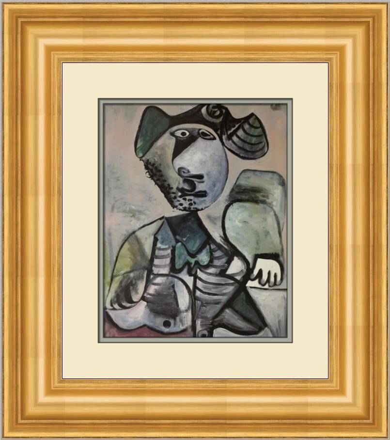 Picasso Musketeer offset lithograph in gold scoop frame: Picasso Musketeer offset lithograph in gold scoop frame This is a custom-framed offset lithograph reproduction of Pablo Picasso's "Musketeer." The print features a portrait-oriented image of figures, 