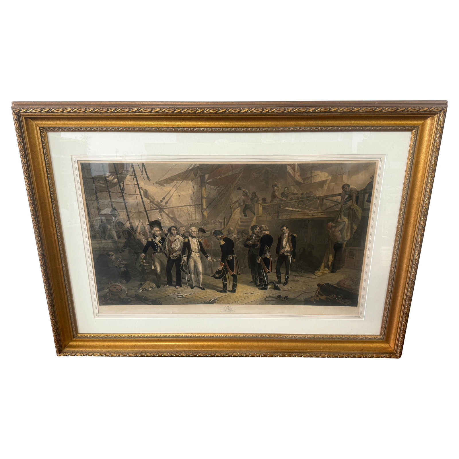 British Naval History Print After Barker Engraved by Charles George Lewis 1853: British Naval History Print After Barker Engraved by Charles George Lewis 1853 This is a large mid-19th century British naval historical print titled "Nelson Receiving the Swords on Board the San Jose