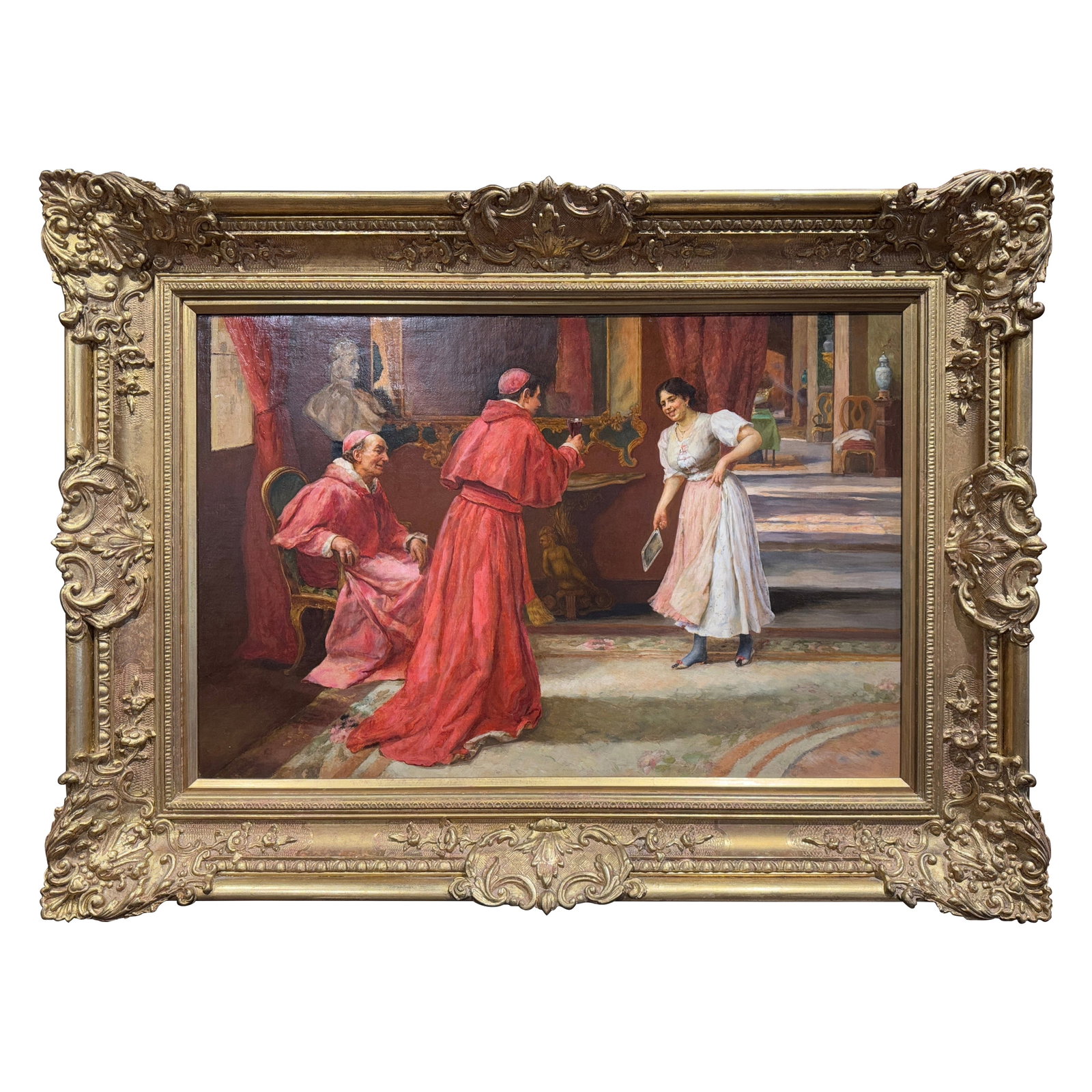 19th Century Italian Oil Painting by S. Novo in Ornate Giltwood Frame: 19th Century Italian Oil Painting by S. Novo in Ornate Giltwood Frame This exquisite 19th Century Italian oil painting, created by renowned artist Stefano Novo, features an intimate scene set within a