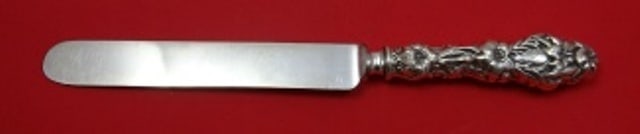 Whiting Lily Sterling Handle Dinner Knife with Blunt Silverplate Blade 9 3/8: Whiting Lily Sterling Handle Dinner Knife with Blunt Silverplate Blade 9 3/8 A dinner knife in the Lily pattern by Whiting, featuring a sterling silver hollow fat handle with a blunt silverplate blade