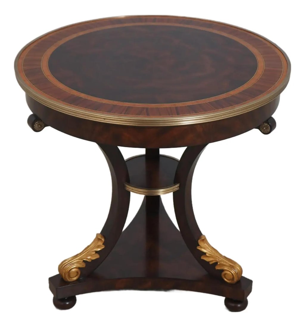 Theodore Alexander Althorp Round Lamp Table Rosewood Banded Border: Theodore Alexander Althorp Round Lamp Table Rosewood Banded Border Enhance your living space with this exquisite Theodore Alexander Althorp Collection Round Lamp Table, featuring a stunning figural ma