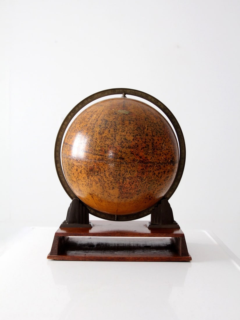 Vintage Rand McNally 12 Inch Art Globe Circa 1940s with Walnut Base: Vintage Rand McNally 12 Inch Art Globe Circa 1940s with Walnut Base This stunning vintage Rand McNally Terrestrial Art Globe showcases a beautifully aged metal globe adorned with a brown map, dating f