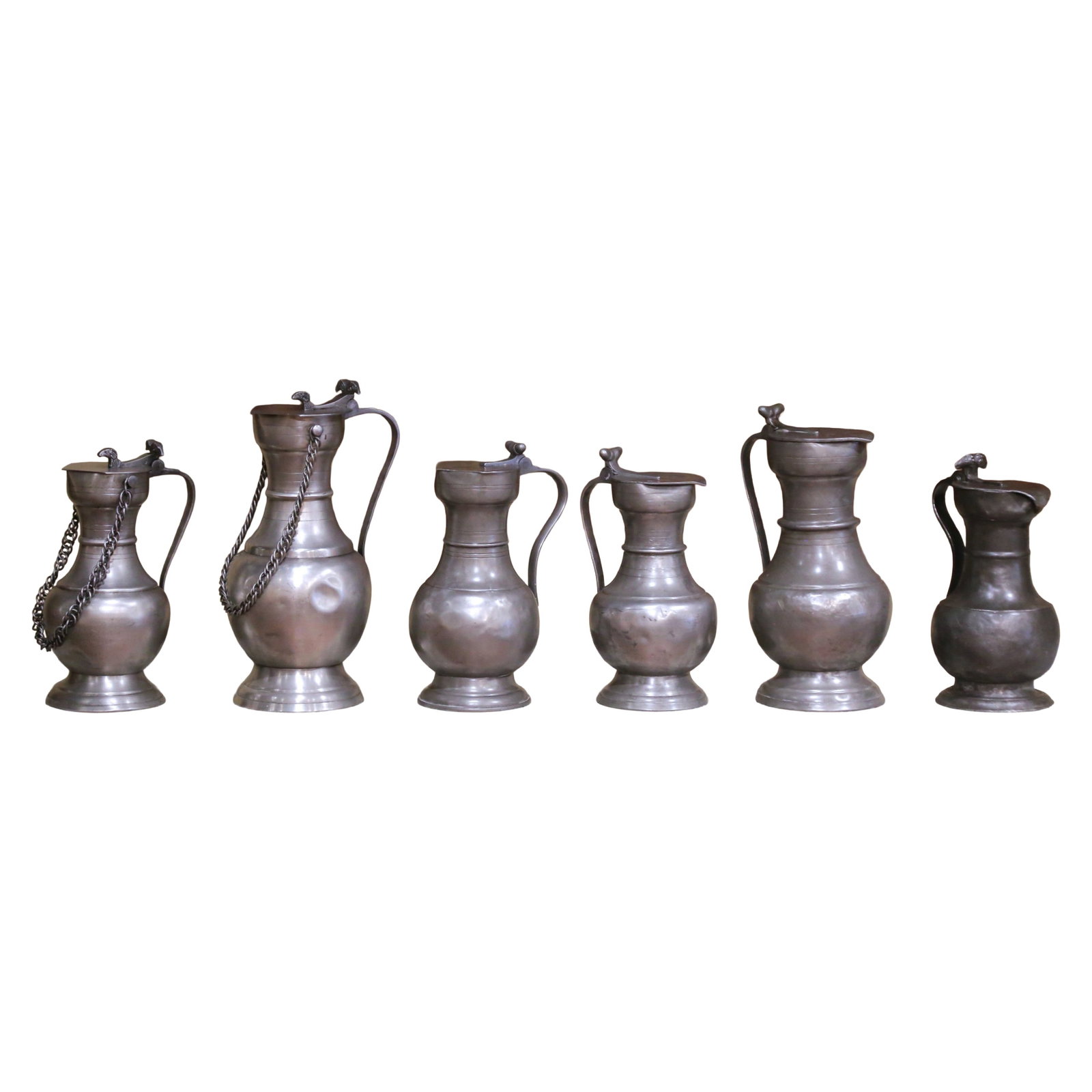 Set of 6 French pewter wine measures with lids and chain handles (1 of 15)