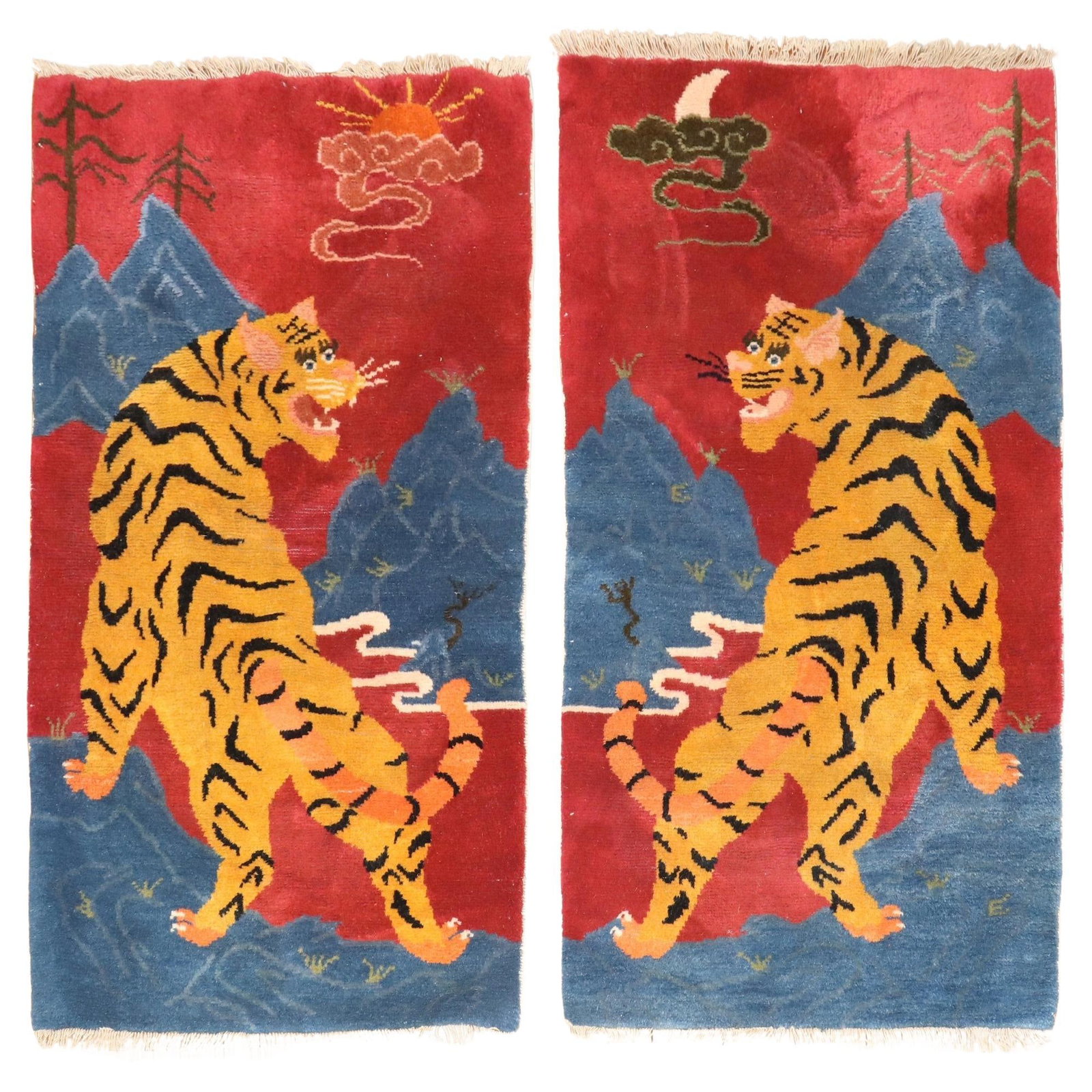 Rare Set of 2 Tiger Tibetan Rugs Wool Hand-Woven Folk Art: Rare Set of 2 Tiger Tibetan Rugs Wool Hand-Woven Folk Art Discover the unique beauty of this rare pair of Tiger Pictorial Tibetan Rugs, hand-woven from high-quality wool. These stunning folk art piece