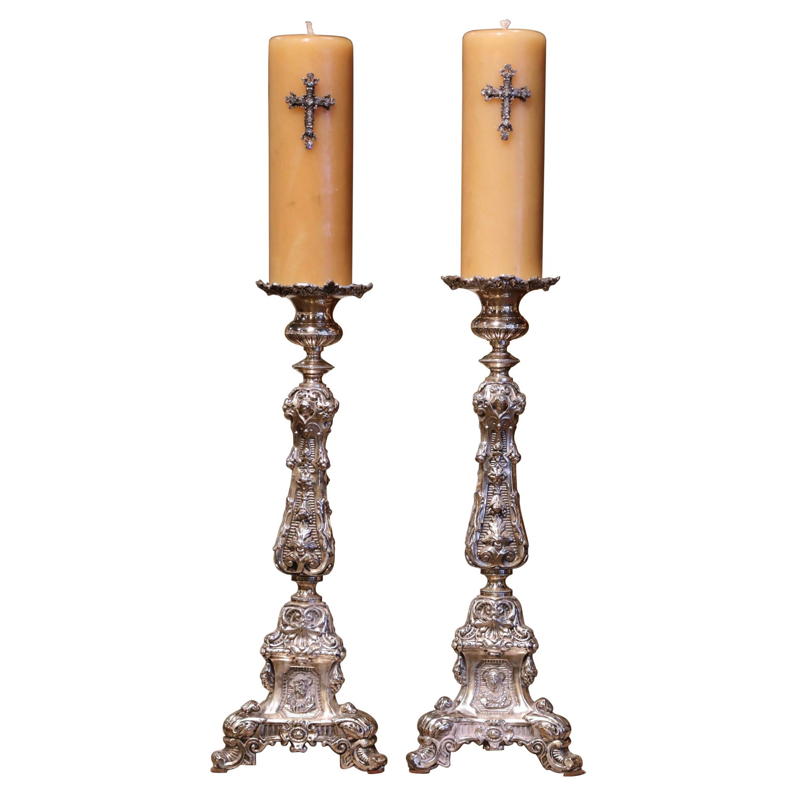 Antique 19th Century Louis XV Silver Plated Candlesticks Set of 2 with Wax Candles (1 of 12)