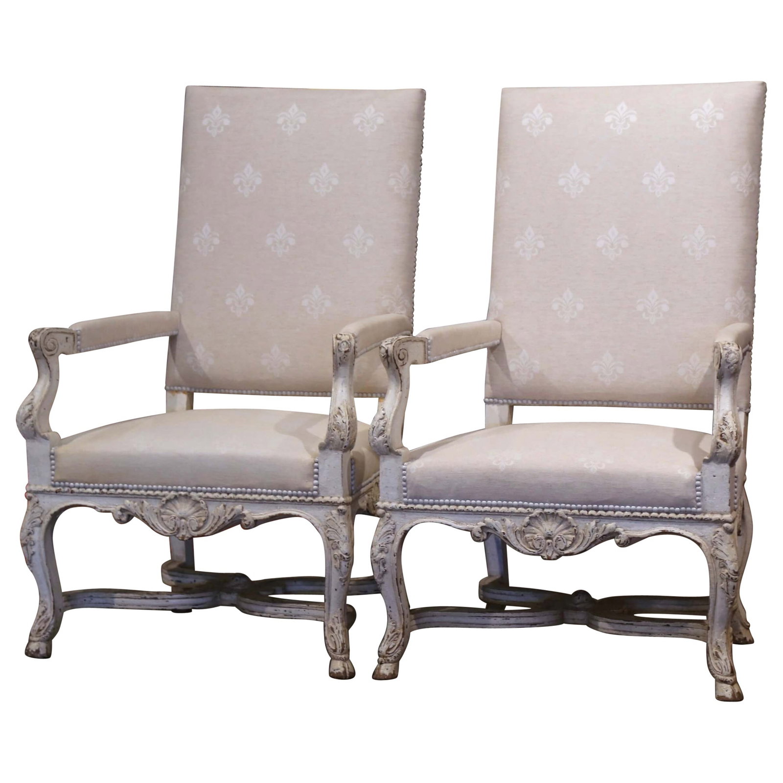 Set of 2 Antique Louis XIV Fauteuils with Fleur-de-Lis Upholstery: Set of 2 Antique Louis XIV Fauteuils with Fleur-de-Lis Upholstery Experience timeless elegance with this exquisite pair of 19th-century Louis XIV style fauteuils. Crafted in France circa 1870, these a