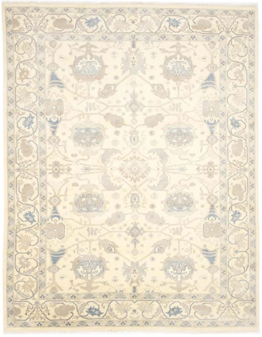 Hand-Knotted Wool Oushak Floral Area Rug 9'2 x 11'9 Modern Traditional: Hand-Knotted Wool Oushak Floral Area Rug 9'2 x 11'9 Modern Traditional This handmade Oushak floral oriental rug features a modern design with a blend of cream, warm taupe, slate blue, light gray, and 