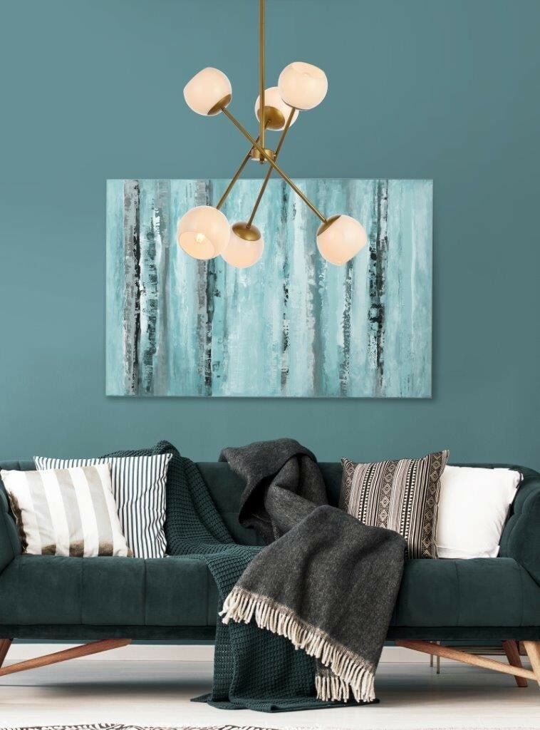 Axl 6 Light Brass Sputnik Chandelier with White Glass Shades: Axl 6 Light Brass Sputnik Chandelier with White Glass Shades This modern Sputnik-style chandelier features a brass finish and six white glass shades, offering a contemporary look suitable for living r