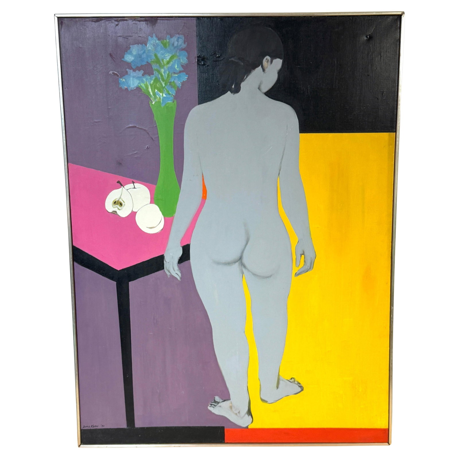 Doris Klein 1971 Grey Nude with White Fruit Modern Oil Painting: Doris Klein 1971 Grey Nude with White Fruit Modern Oil Painting Discover the captivating oil painting 'Grey Nude with White Fruit' by Doris Klein, created in 1971. This modern artwork showcases a soli