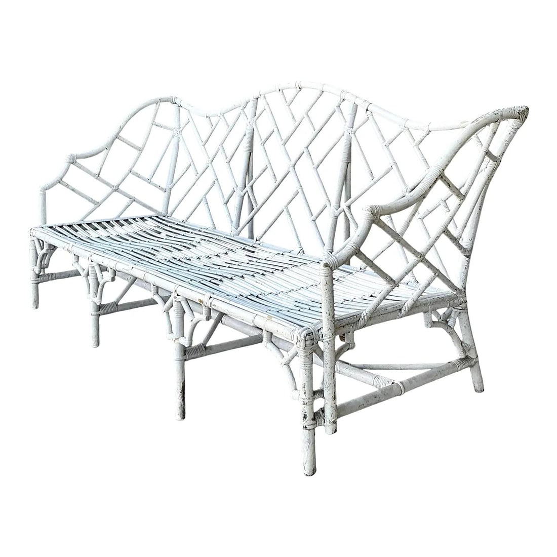White Rattan Chinese Chippendale Camel Back Settee (1 of 10)
