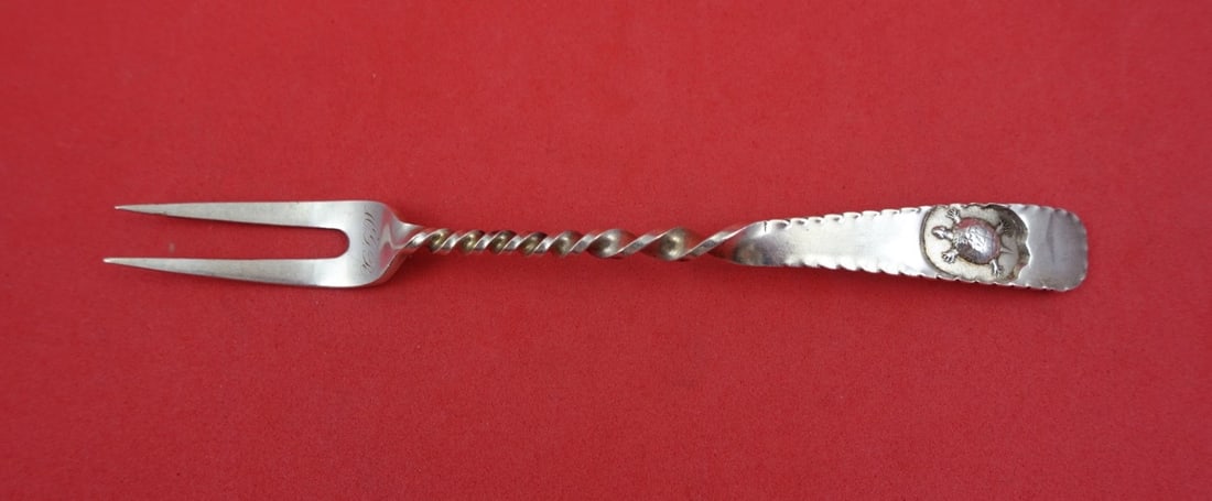 Sterling Silver 2-Tine Cocktail Fork Hamburg Pattern with Turtle by Gorham 6 Inch: Sterling Silver 2-Tine Cocktail Fork Hamburg Pattern with Turtle by Gorham 6 Inch This is a sterling silver cocktail fork in the Hamburg pattern by Gorham, featuring a unique turtle design and two tin