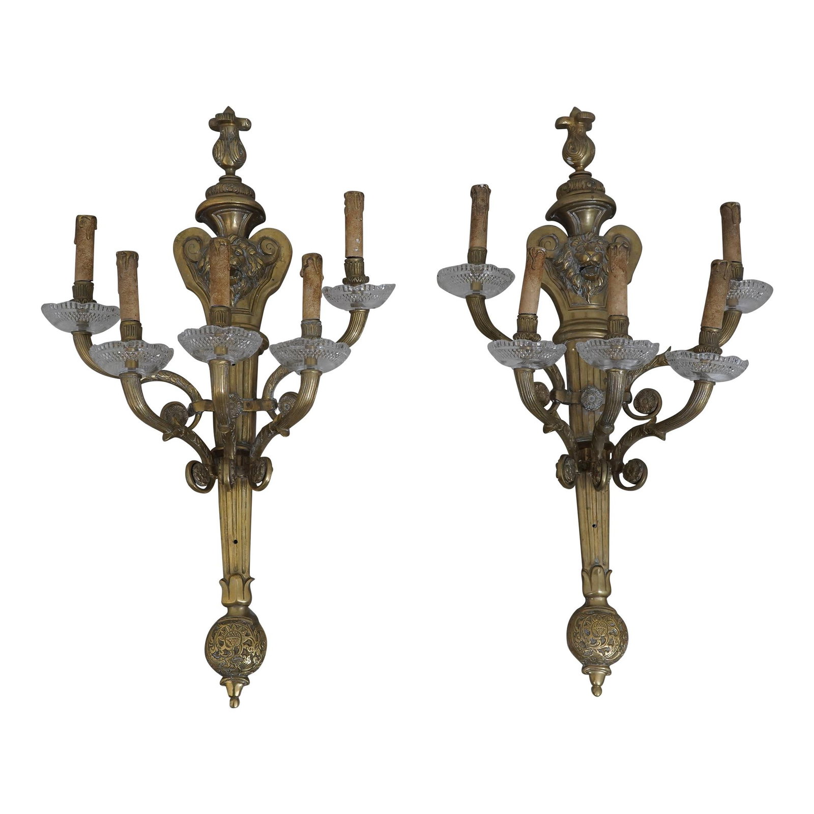 Regency Style Lion Solid Brass 5 Arm Wall Sconces Pair (1 of 9)