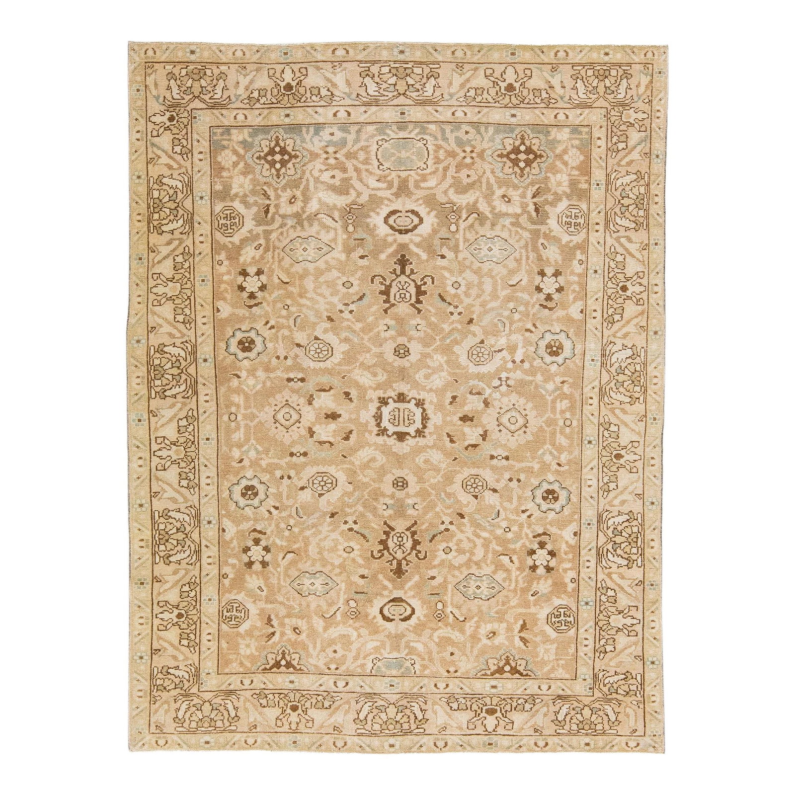 Antique Persian Malayer Handmade Beige Wool Rug Floral Design 5'6 x 7'3: Antique Persian Malayer Handmade Beige Wool Rug Floral Design 5'6 x 7'3 This exquisite Antique Persian Malayer rug is hand-knotted from high-quality wool, featuring a soft beige color field adorned wi
