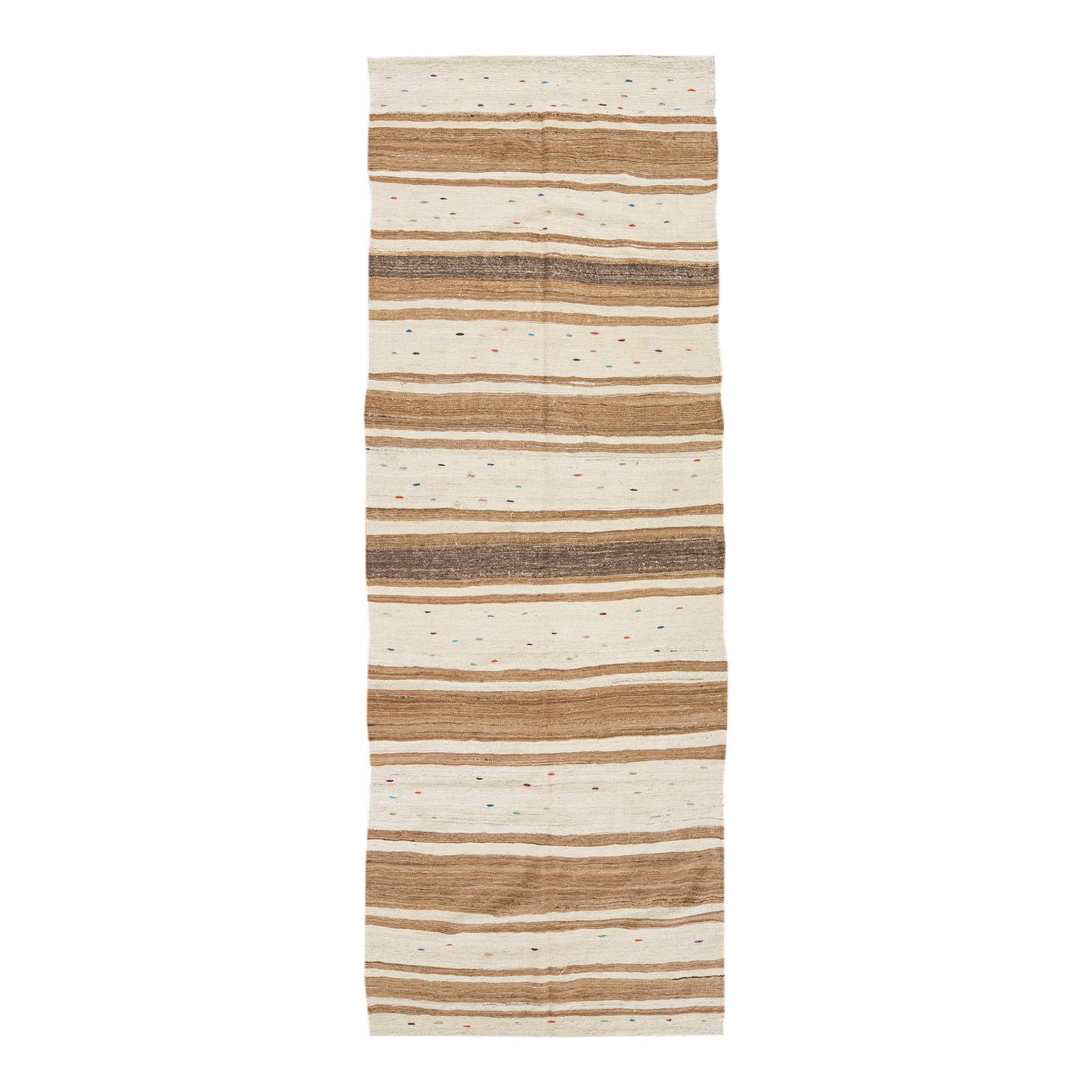 Vintage Turkish Kilim Wool Runner Beige Stripes 3'10 x 10'8: Vintage Turkish Kilim Wool Runner Beige Stripes 3'10 x 10'8 This stunning vintage Turkish Kilim flatweave wool runner features a beautiful beige field adorned with vibrant multi-color accents in an ey