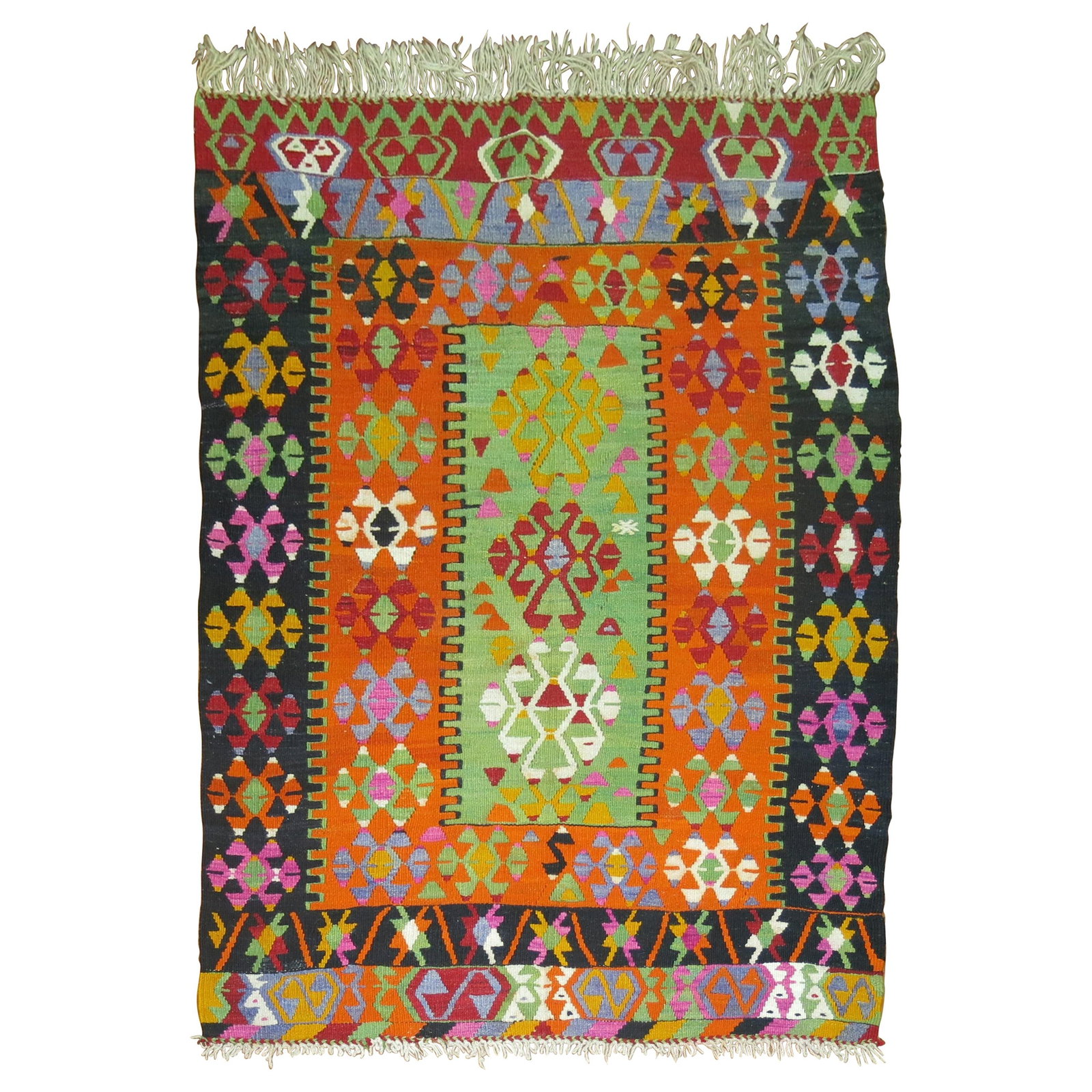 Bohemian Turkish Wool Hand Woven Kilim Rug 60 x 82: Bohemian Turkish Wool Hand Woven Kilim Rug 60 x 82 This vibrant Turkish Kilim features a stunning geometric tribal design, hand-woven from high-quality wool. Originating from Turkey and dating back to