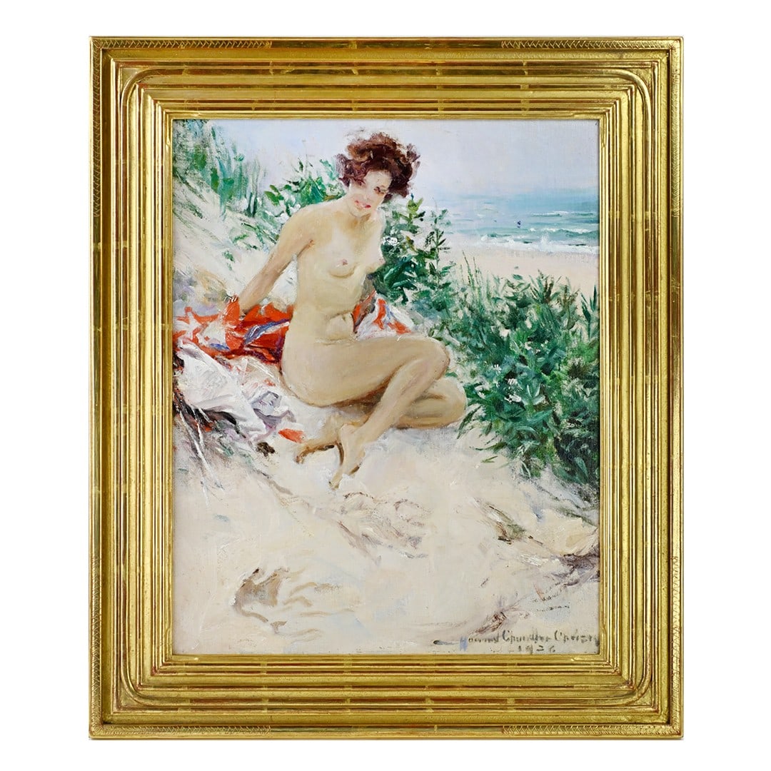 Howard Chandler Christy Nude Woman Oil Painting 1936 Framed Original: Howard Chandler Christy Nude Woman Oil Painting 1936 Framed Original "The Stolen Swim" (1936) is an original oil painting by Howard Chandler Christy, a prominent American artist celebrated for his con