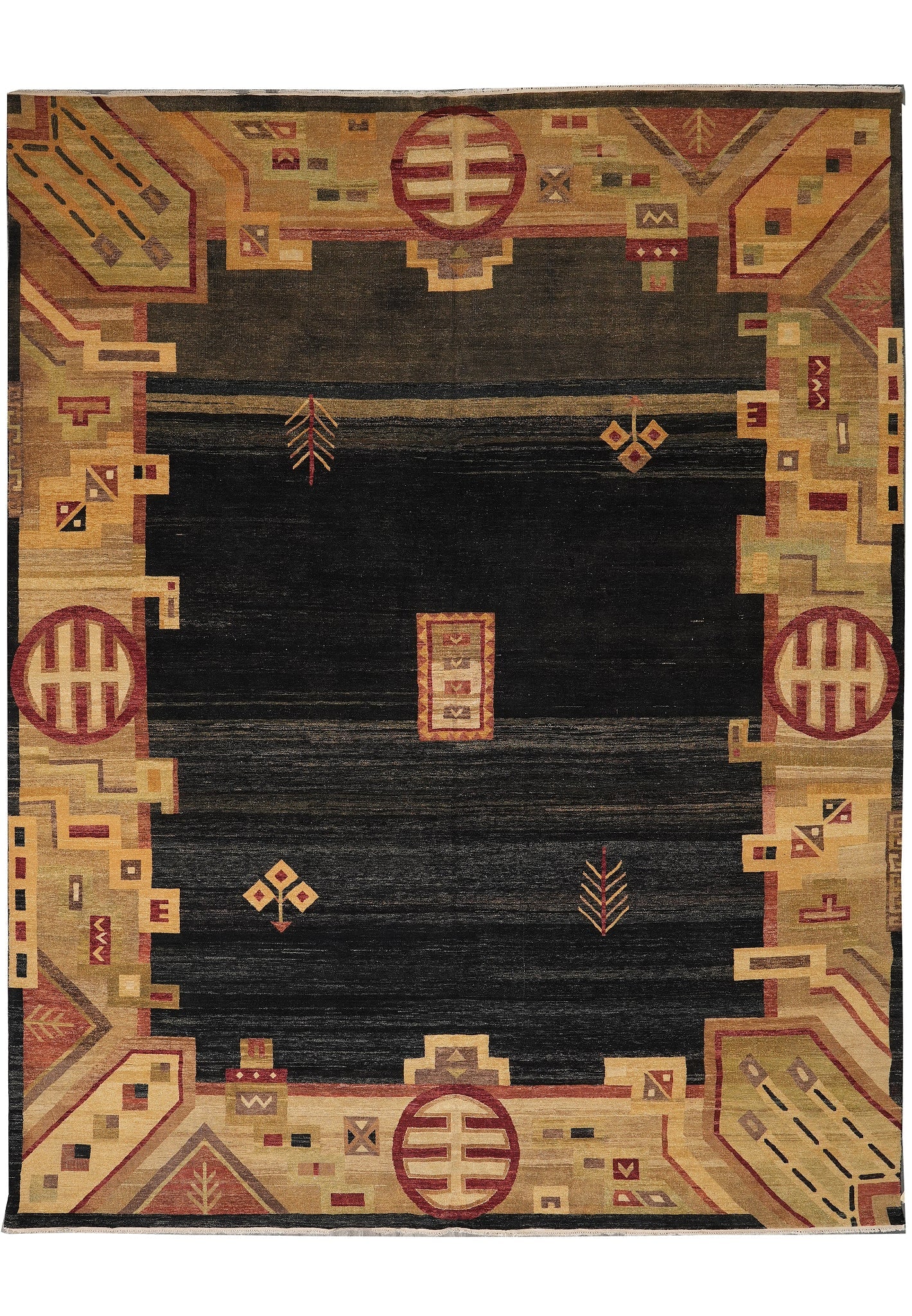 11' 10" x 14' 6" Handmade Contemporary Gabbeh Rug Black: 11' 10" x 14' 6" Handmade Contemporary Gabbeh Rug Black Free continental US Shipping This hand-knotted Gabbeh rug is presented as a quality contemporary area rug in a black and green colorway. The des