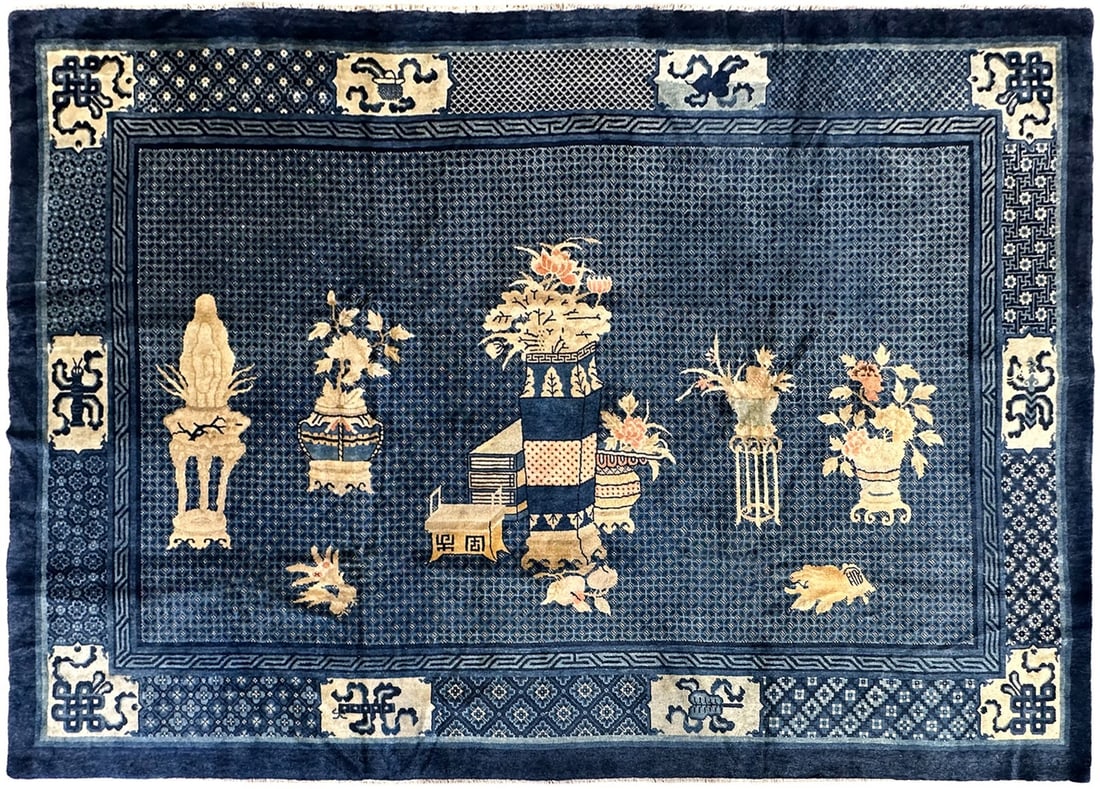 191cm x 295cm Antique Chinese Peking Wool Rug Blue Hundred Antiques: 191cm x 295cm Antique Chinese Peking Wool Rug Blue Hundred Antiques An antique Chinese Peking area rug in the Hundred Antiques pattern, featuring a blue field with floral vessels and scholarly objects