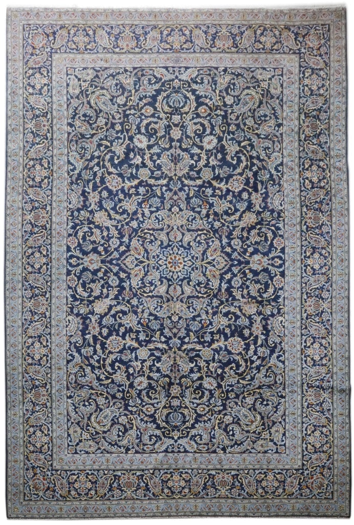 Exquisite 9' x 13' Navy Blue Persian Kashan Rug Handcrafted: Exquisite 9' x 13' Navy Blue Persian Kashan Rug Handcrafted Free continental US Shipping Experience the elegance of this handcrafted 9' x 13' Navy Blue Persian Kashan Rug, featuring traditional Persia