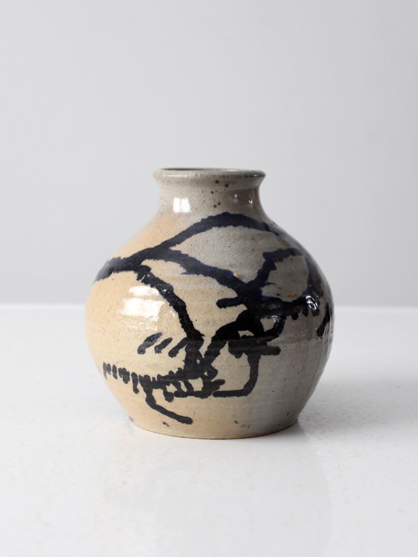 Signed Vintage Studio Pottery Bottleneck Vase Abstract Glaze 6.5 in (1 of 11)
