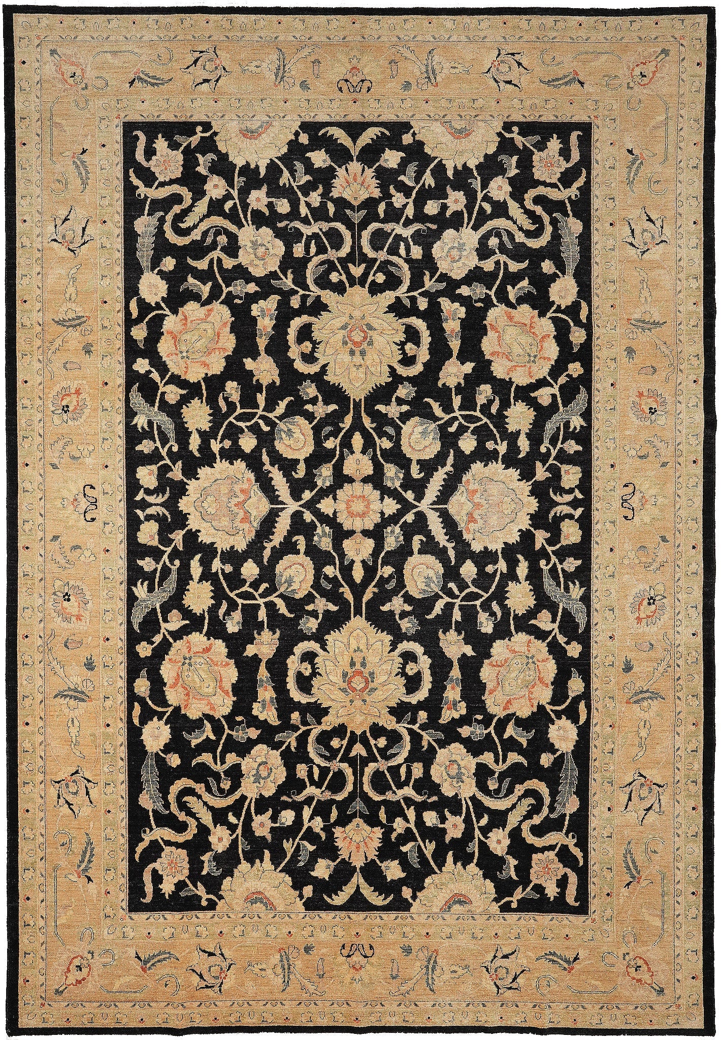 10.3 x 14 Black Zigler Chobi Peshawar Hand-Knotted Wool Rug: 10.3 x 14 Black Zigler Chobi Peshawar Hand-Knotted Wool Rug Free continental US Shipping This handmade area rug features a Zigler pattern with a Chobi Peshawar design, crafted in a black, beige, gold,