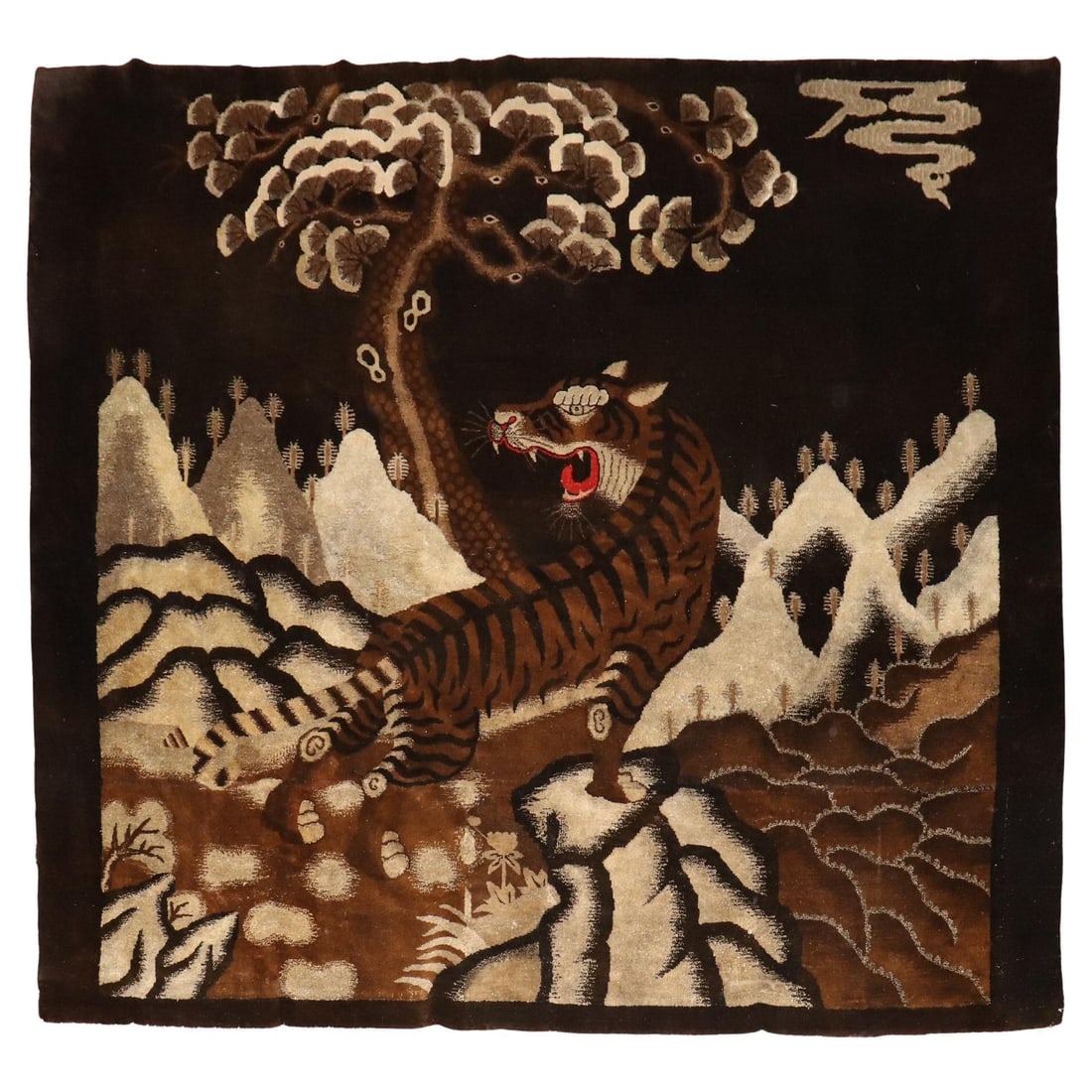 Rare Antique Chinese Expressionist Tiger Rug Hand-Woven Wool 87 x 97 in: Rare Antique Chinese Expressionist Tiger Rug Hand-Woven Wool 87 x 97 in This rare early 20th-century Chinese square rug showcases a stunning expressionist design featuring a large, fierce tiger set ag
