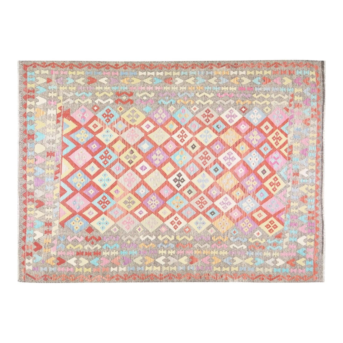Maimana Geometric Wool Kilim Flatweave Rug 8'2 x 11'2 Afghan: Maimana Geometric Wool Kilim Flatweave Rug 8'2 x 11'2 Afghan This Afghan Maimana flatweave kilim rug is crafted from wool and features a geometric pattern in natural colors. The rug is pre-owned and s