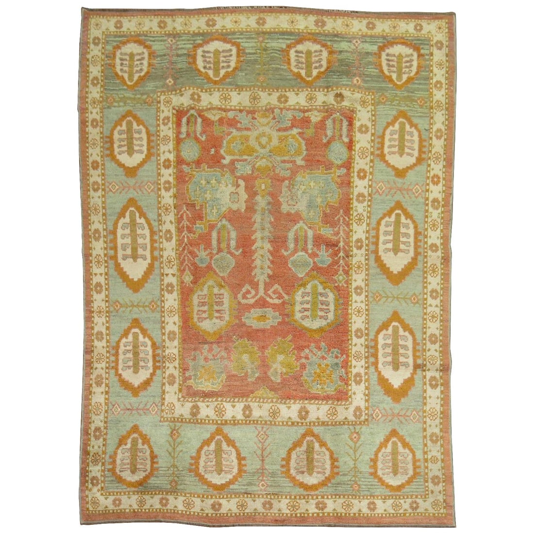 Antique Turkish Oushak Rug 76 x 103 Hand-Woven Orange Green 1920: Antique Turkish Oushak Rug 76 x 103 Hand-Woven Orange Green 1920 Presenting a stunning early 20th century antique Turkish Oushak rug, showcasing vibrant shades of orange and green. Handwoven from qual