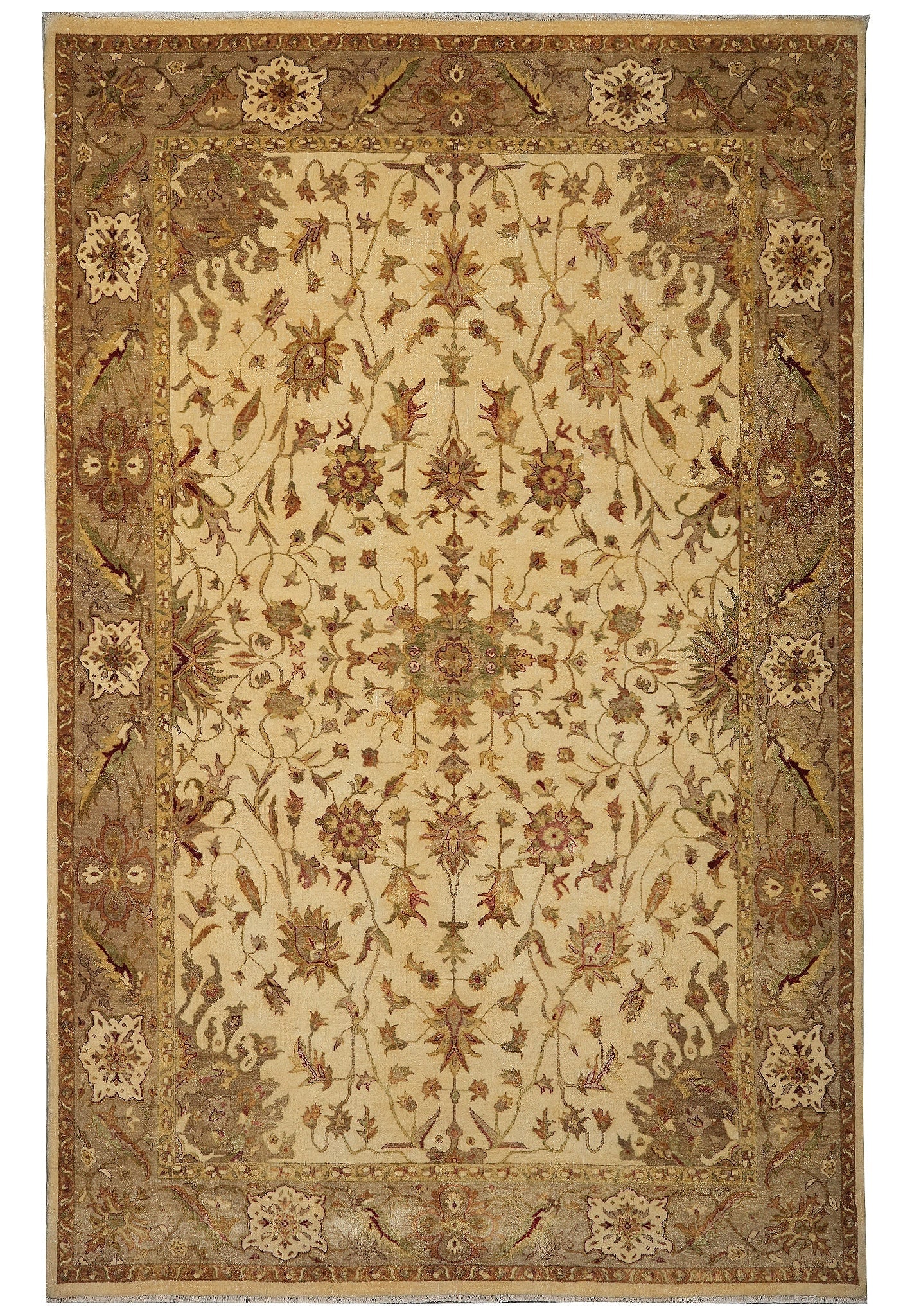6 x 9 Beige Green Hand-Knotted Agra Rug: 6 x 9 Beige Green Hand-Knotted Agra Rug Free continental US Shipping Hand-knotted Agra rug in beige and green with a floral pattern and intricate decorative design on a light background. The rug measu