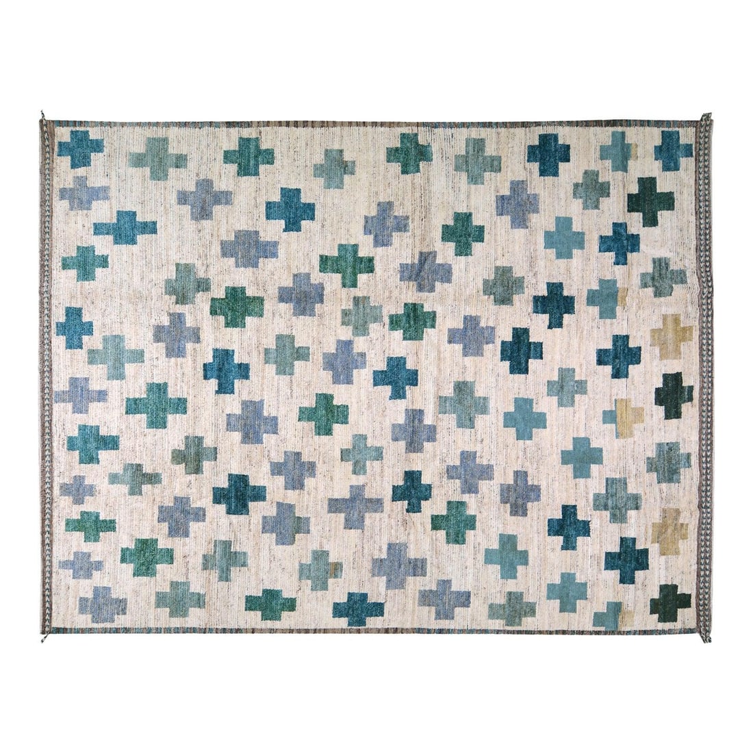 9'6" x 12'6" Wool Rug with Traditional Moroccan Hand-Knotted Design: 9'6" x 12'6" Wool Rug with Traditional Moroccan Hand-Knotted Design This Moroccan hand-knotted wool rug features a blend of traditional craftsmanship and modern design, offering a durable, soft, and r