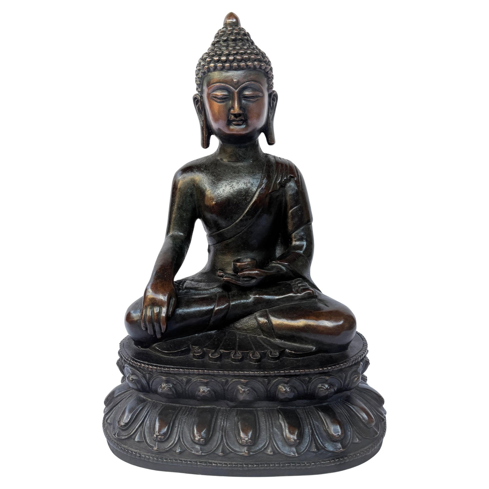 Antique Chinese Bronze Shakyamuni Buddha Sculpture Early 20th Century: Antique Chinese Bronze Shakyamuni Buddha Sculpture Early 20th Century This exquisite Chinese bronze figure of Shakyamuni Buddha dates back to the early 20th century or possibly earlier. Standing at 13