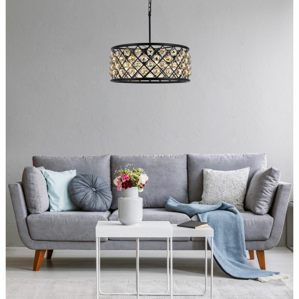 Madison 25 in Crystal Chandelier Matte Black 6 Light: Madison 25 in Crystal Chandelier Matte Black 6 Light This modern indoor chandelier features a matte black finish with golden teak royal cut crystal balls. It is a 6-light fixture designed for hardwire