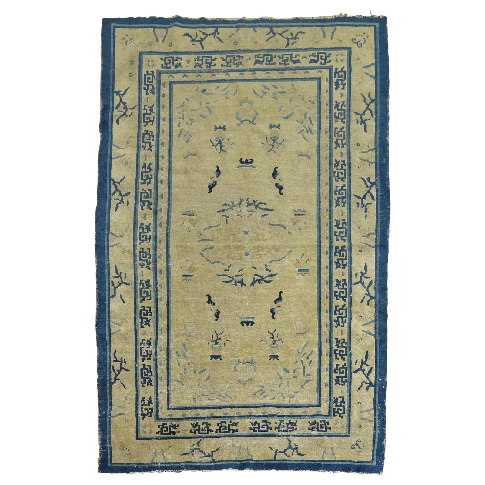 Early 20th Century Chinese Peking Wool Rug Tan Blue: Early 20th Century Chinese Peking Wool Rug Tan Blue This early 20th-century Chinese Peking rug features a rare size and a harmonious tan and blue color palette. Hand-woven from wool, the rug reflects 