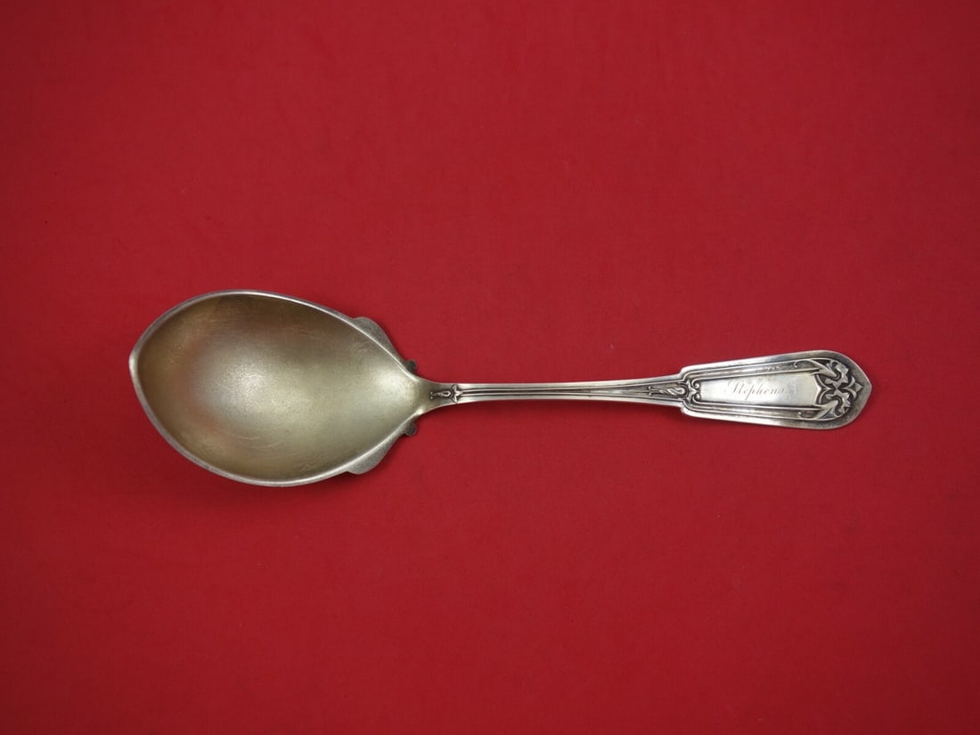 Whiting Fancy Tip Sterling Silver Serving Spoon Gold Washed 9 in: Whiting Fancy Tip Sterling Silver Serving Spoon Gold Washed 9 in This Whiting Fancy Tip berry spoon is made of sterling silver and features a gold-washed finish with a stippled bowl. It dates to the 1