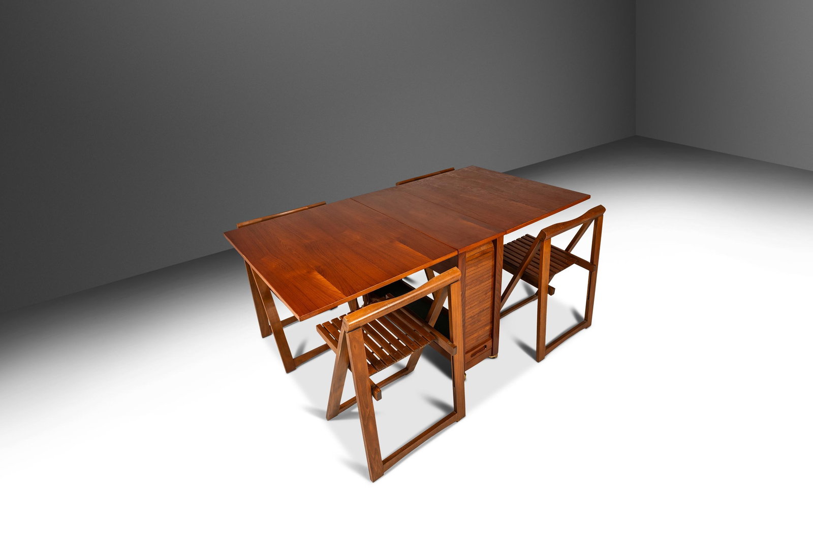 Romanian Walnut Drop Leaf Dining Set with 4 Folding Chairs 1960s (1 of 18)