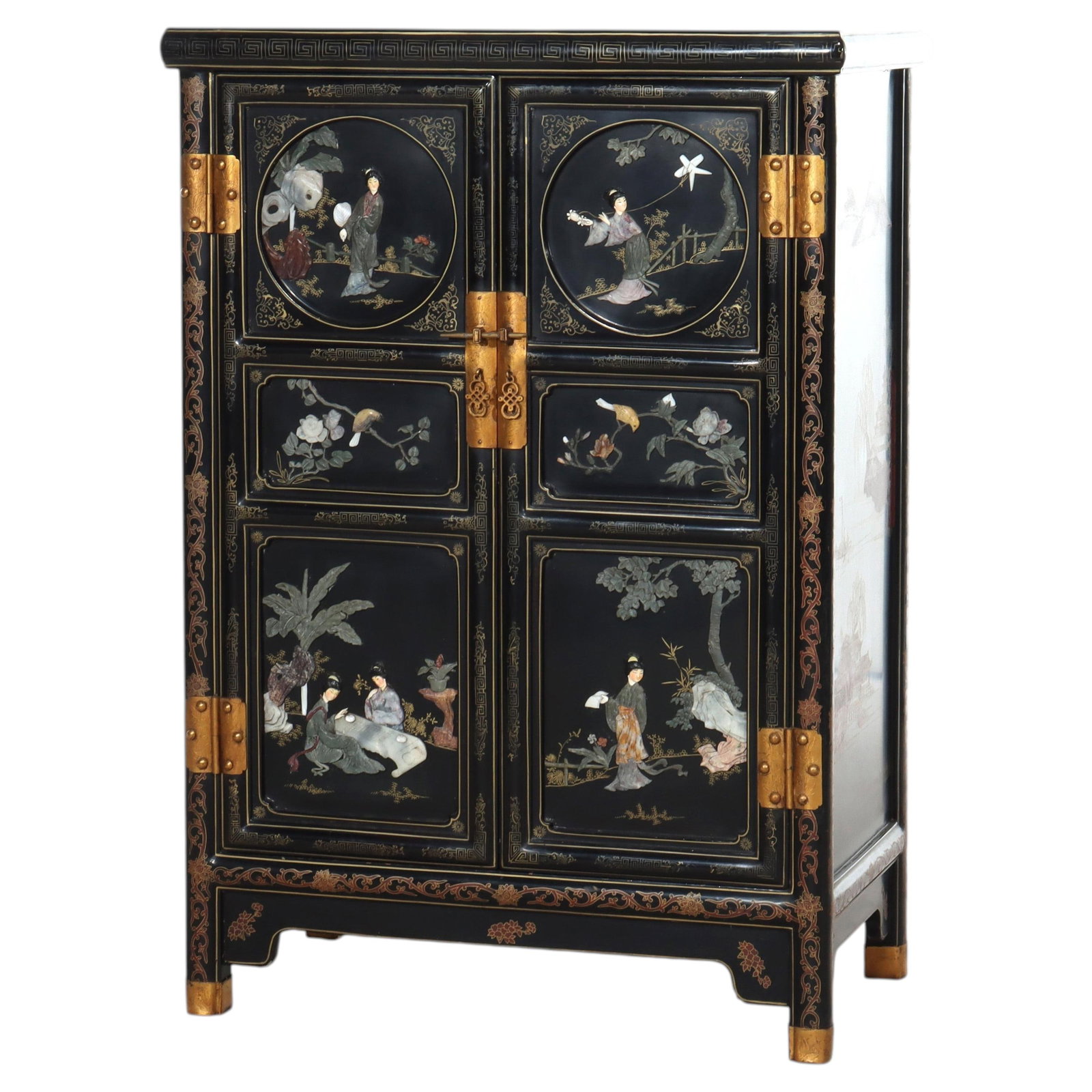 Ebonized Chinese Credenza With Gilt and Soapstone Figural Floral Inlays 20th Century (1 of 17)