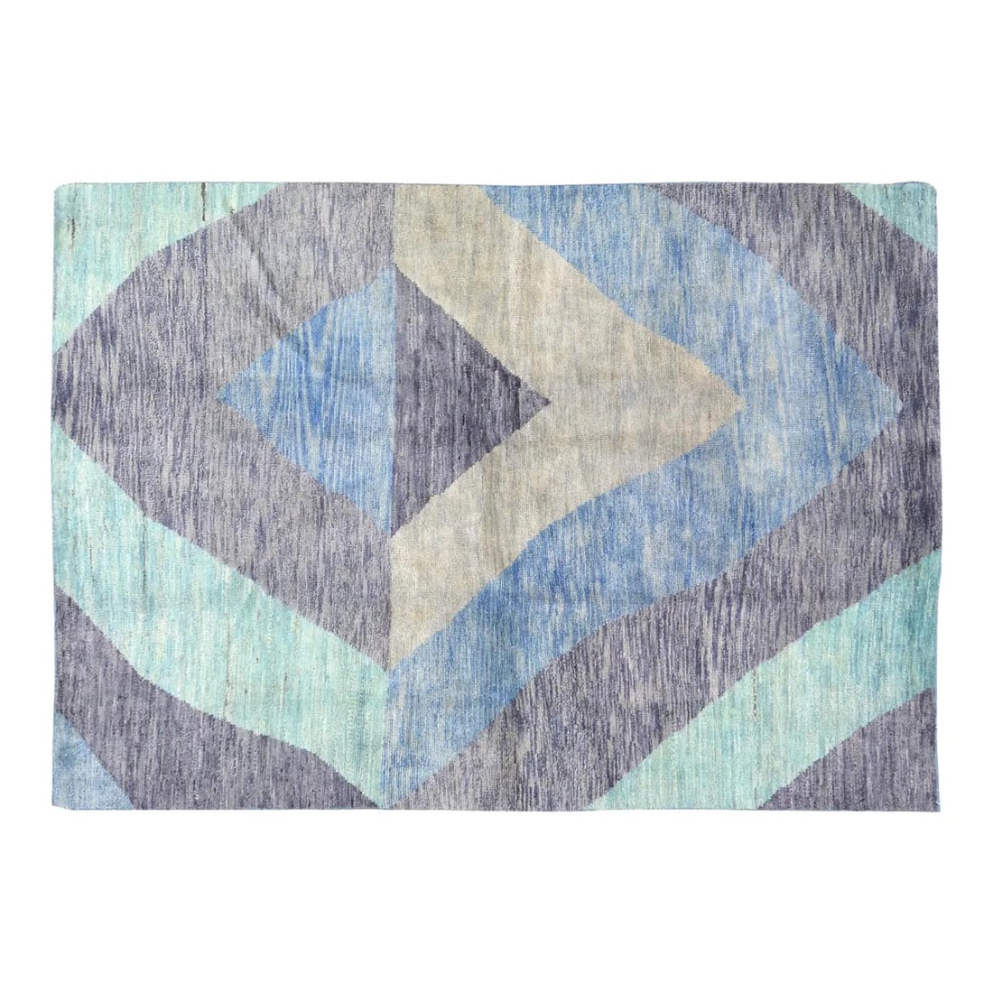 Blue Wool Area Rug Hand Knotted Moroccan Design 5'8 x 8': Blue Wool Area Rug Hand Knotted Moroccan Design 5'8 x 8' This hand-knotted wool rug showcases the timeless artistry of Moroccan craftsmanship combined with a modern design sensibility. Its rich blue c