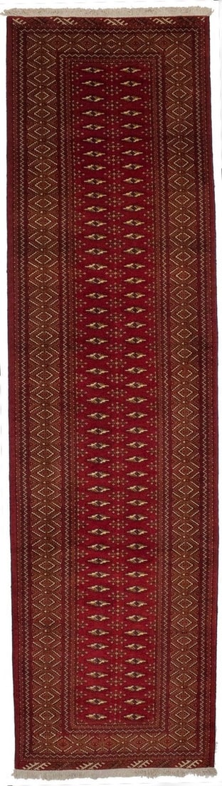 Hand Knotted Wool Western Asia Runner Rug 3'4 x 12'6 Tribal Geometric: Hand Knotted Wool Western Asia Runner Rug 3'4 x 12'6 Tribal Geometric Enhance your home decor with this stunning Vintage Tribal Style Oriental Runner Rug. Measuring 3'4" x 12'6", this hand-knotted rug