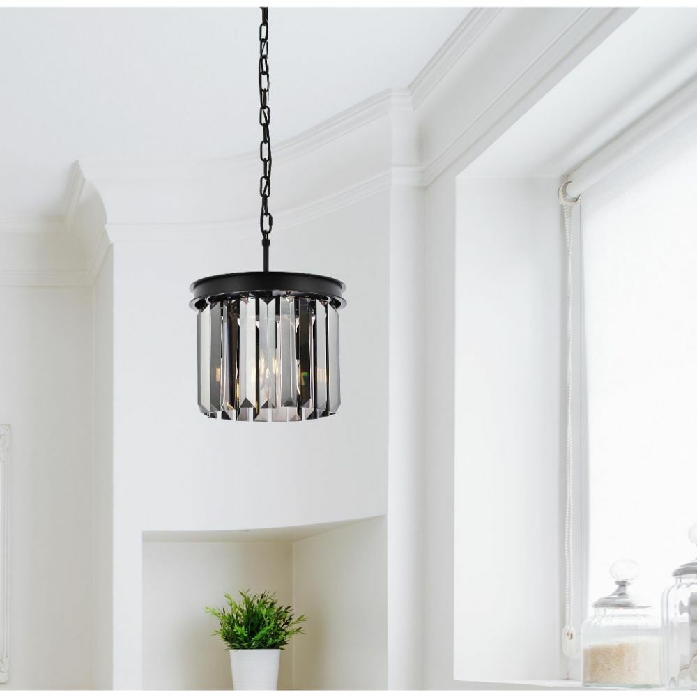 Sydney 3 Light Crystal Pendant Matte Black 12 in: Sydney 3 Light Crystal Pendant Matte Black 12 in Modern 3-light pendant chandelier with a matte black finish and silver shade crystals. It is hardwired, LED UL safety rated, fire-rated, and height-adj
