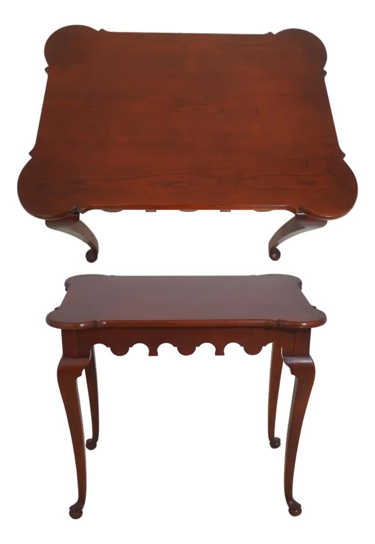 Scalloped Top Tea Table Chimney Hill Collection Cherry Wood: Scalloped Top Tea Table Chimney Hill Collection Cherry Wood This Kindel Chimney Hill tea table features a scalloped top design and is crafted from cherry wood with a light factory distressed finish. P