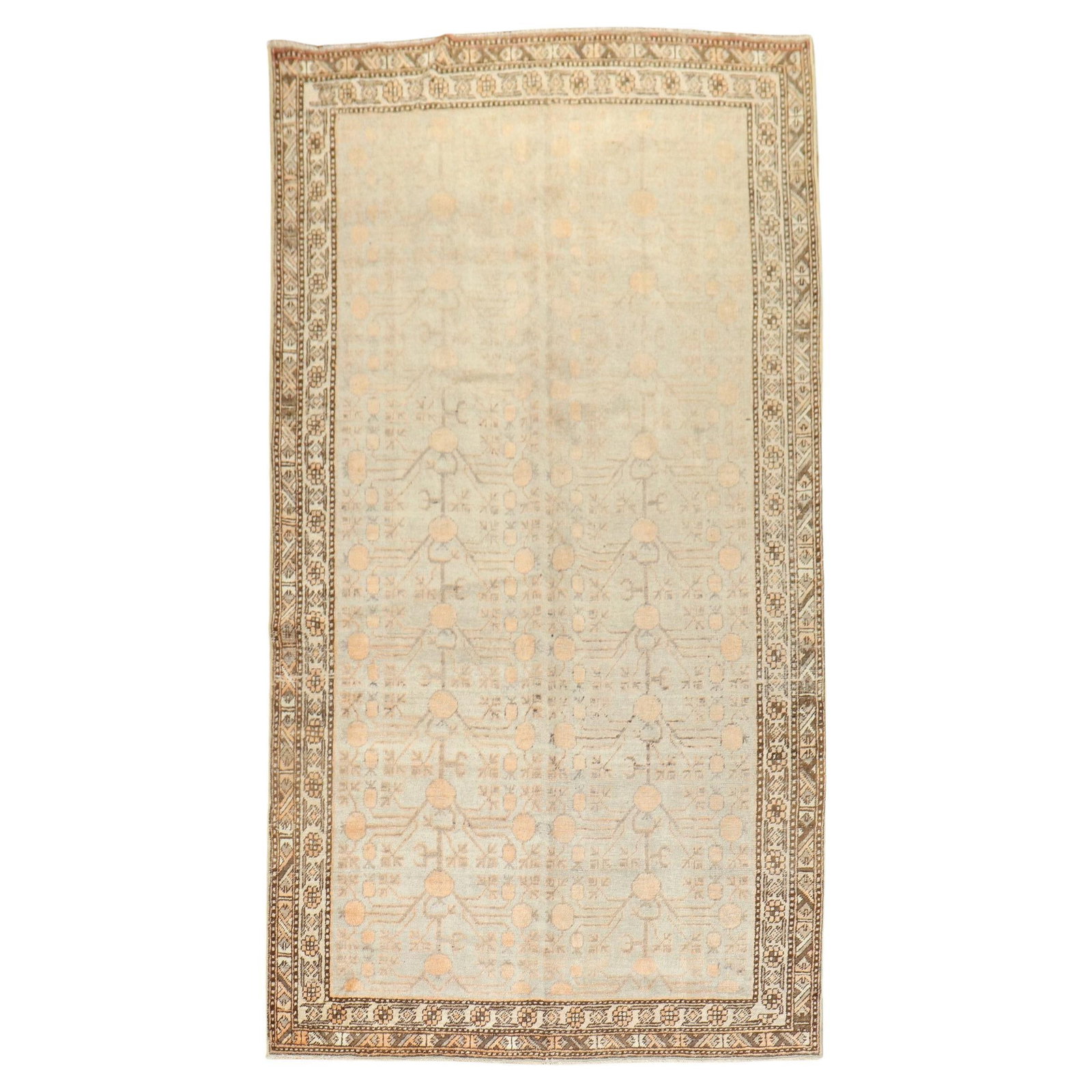 Antique Khotan Wool Rug Circa 1920 Peach Pomegranate Motif: Antique Khotan Wool Rug Circa 1920 Peach Pomegranate Motif This exquisite early 20th century antique Khotan rug showcases a beautiful peach tone pomegranate motif set against a light celadon green fie