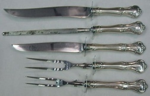 Gorham Cromwell Sterling Silver 5pc Roast Carving Set: Gorham Cromwell Sterling Silver 5pc Roast Carving Set This elegant 5-piece roast carving set by Gorham features a stunning Cromwell pattern, crafted from high-quality sterling silver with stainless st