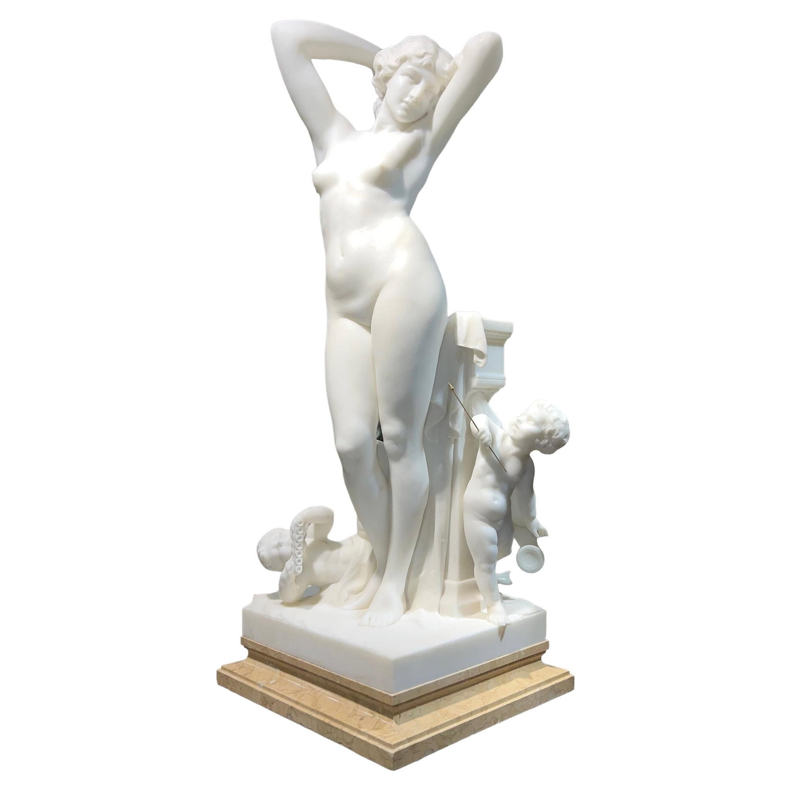 Neoclassical Revival Marble Sculpture of Nude Woman with Cherubs Signed Madrassi: Neoclassical Revival Marble Sculpture of Nude Woman with Cherubs Signed Madrassi This exceptional white marble sculpture by Italian-born artist Luca Madrassi (1848-1919) features a standing nude femal