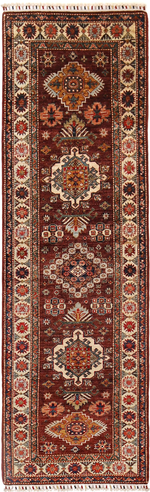 2.6 x 8.4 Hand-Knotted Super Kazak Runner Rug in Ghazni Wool: 2.6 x 8.4 Hand-Knotted Super Kazak Runner Rug in Ghazni Wool Free continental US Shipping Introduce timeless elegance into your home with this 2.6 x 8.4 Super Kazak Runner Rug, a testament to exquisit