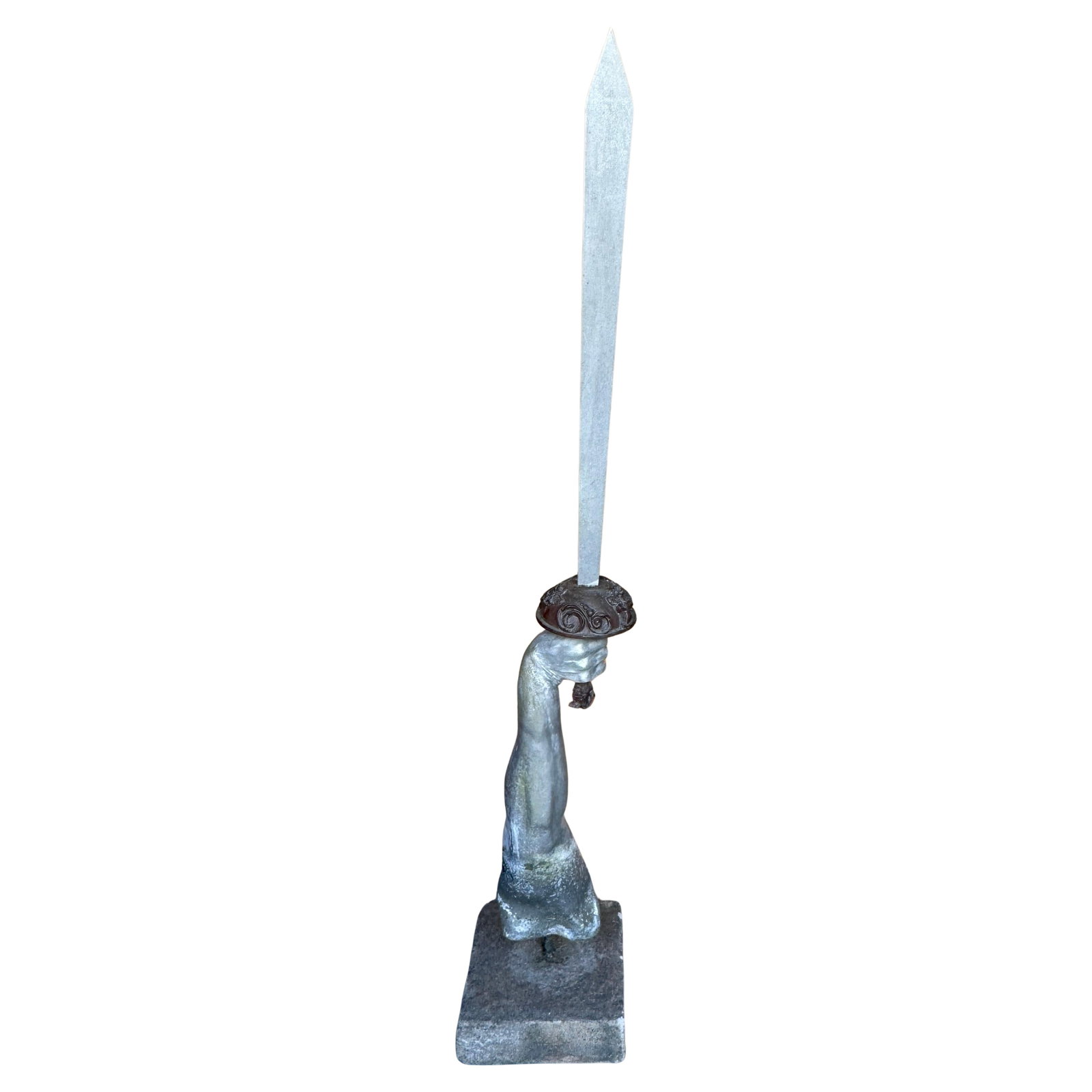 Renaissance Excalibur Sword Garden Statue 78in Bronze Steel England 1900s: Renaissance Excalibur Sword Garden Statue 78in Bronze Steel England 1900s Presenting a monumental 'Excalibur Sword' garden statue, a stunning piece embodying Renaissance artistry from England, circa 1
