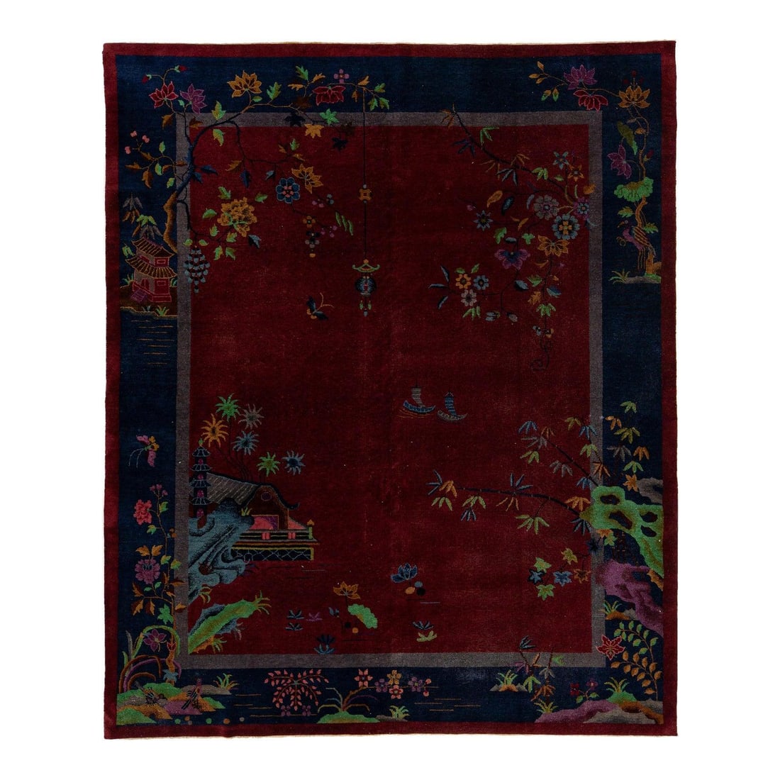 Red Chinese Art Deco Wool Rug 8' x 9'7" Landscape and Floral Motifs: Red Chinese Art Deco Wool Rug 8' x 9'7" Landscape and Floral Motifs This antique Chinese Art Deco wool rug from the 1920s features a vivid red field bordered by deep indigo and is adorned with a tranq