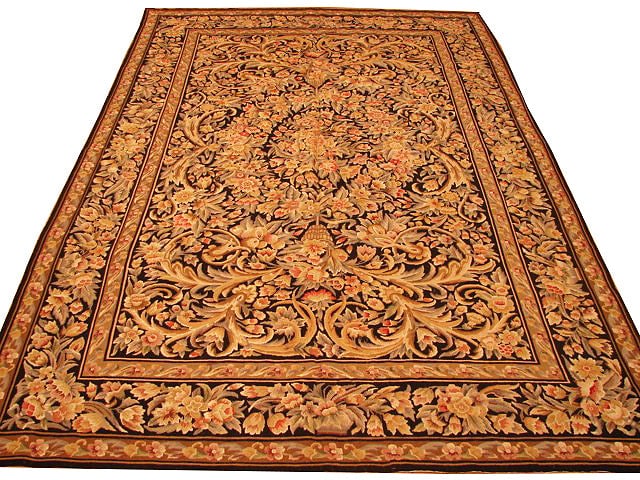5'8 x 9' Black Needlepoint Aubusson Area Rug Handmade in China: 5'8 x 9' Black Needlepoint Aubusson Area Rug Handmade in China Free continental US Shipping Enhance your living space with the exquisite 5.8 x 9 Black Needlepoint French Aubusson Rug, a perfect blend 
