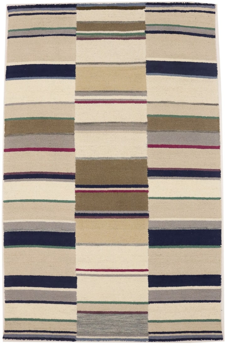 5x8 Wool Area Rug with Hand-Tufted Multicolor Striped Pattern: 5x8 Wool Area Rug with Hand-Tufted Multicolor Striped Pattern This area rug features a thick, high pile with a hand-tufted construction, crafted from multicolored wool and designed with geometric stri