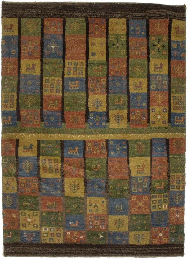Hand-Knotted Brown Olive Gabbeh Rug Tribal Checkered Design 3'7 x 5'0: Hand-Knotted Brown Olive Gabbeh Rug Tribal Checkered Design 3'7 x 5'0 Enhance your space with this stunning Brown Olive Gabbeh Oriental Rug, featuring a unique tribal checker design. Measuring 3'7" x 